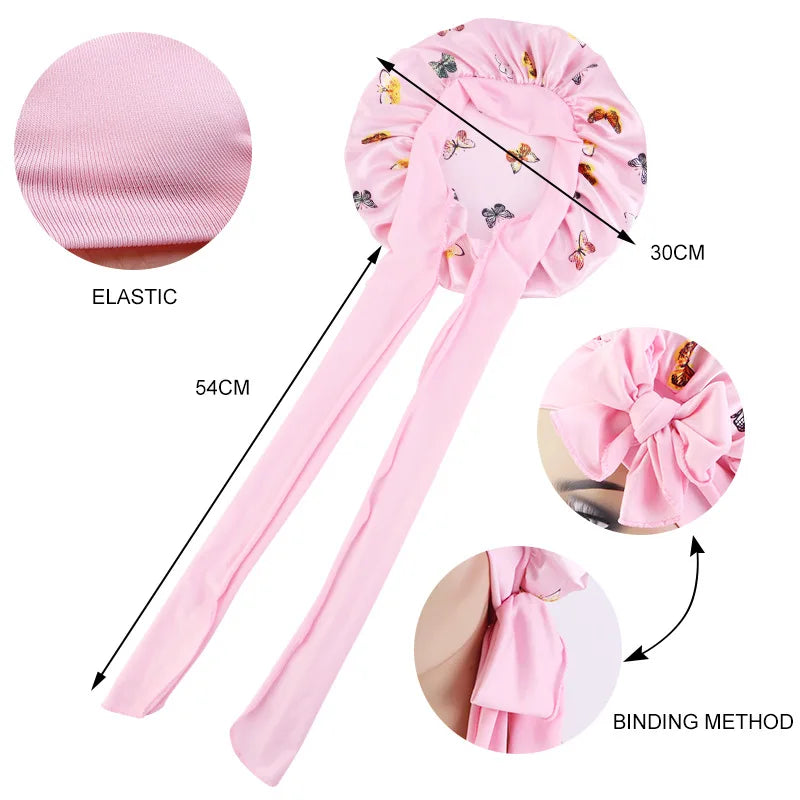 Elegant Look New Women print Satin Sleeping Cap Silky Nightcap Bonnet With Headband Adjustable Night Sleep Cap Soft Headcover Shower Turban