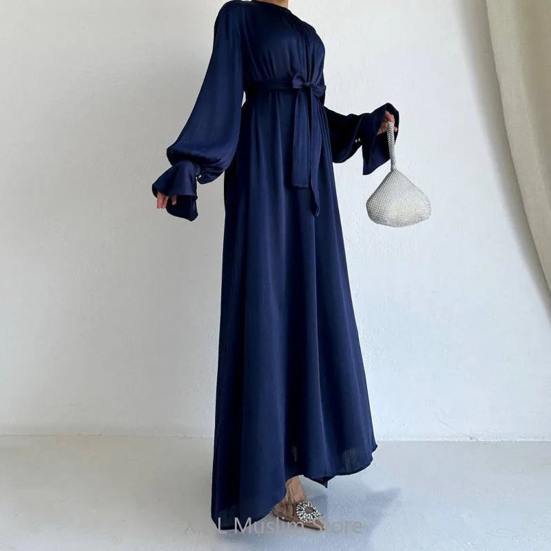 Elegant Satin Muslim Maxi Dress For Women With Belt Eid Ramadan Partywear Evening Ladies Long Dresses 2024 Dubai Kebaya Robe