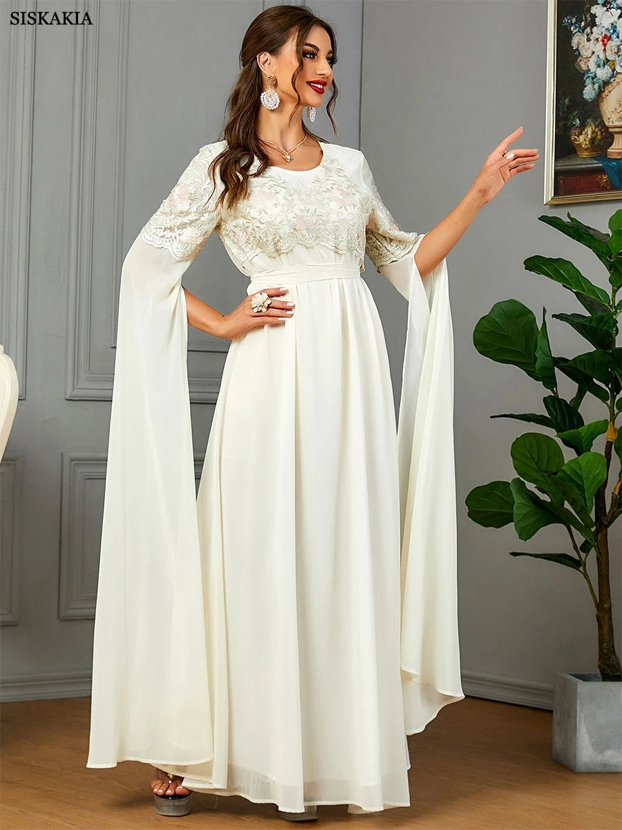 Siskakia Arab Mesh Embroidered Dress With Belt O-Neck Super Full Sleeves Stylish Abaya For Muslim Woman Moroccan Party Kebaya