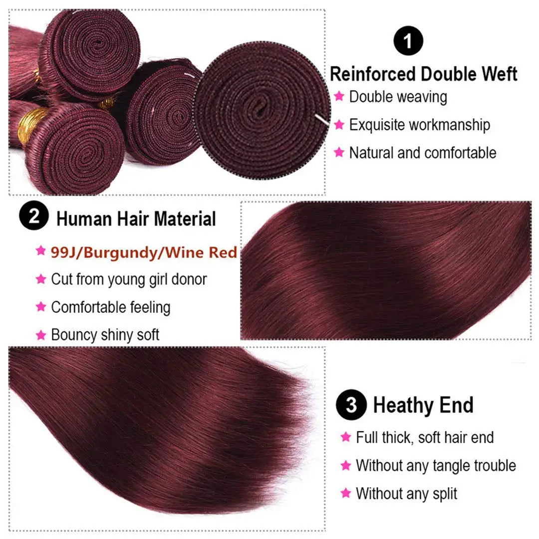 Hair Extensions and Wigs
Wine Red #99J Remy Human Hair Weave 16-28 inch Long Silky Straight  Unprocessed Virgin Brazilian Hair Weft Extensions for Women