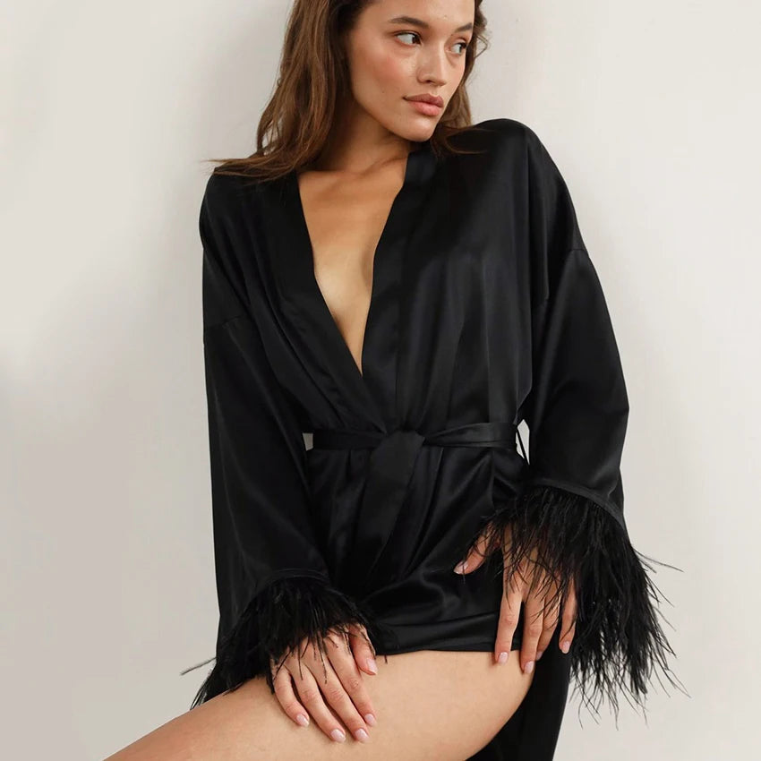 Winter Warm Sleepwear 
Feather Bathrobes Satin Sexy Mini Dress Long Sleeve Loose Peignoirs For Women Robe White Wedding Dress Black Bride Dresses