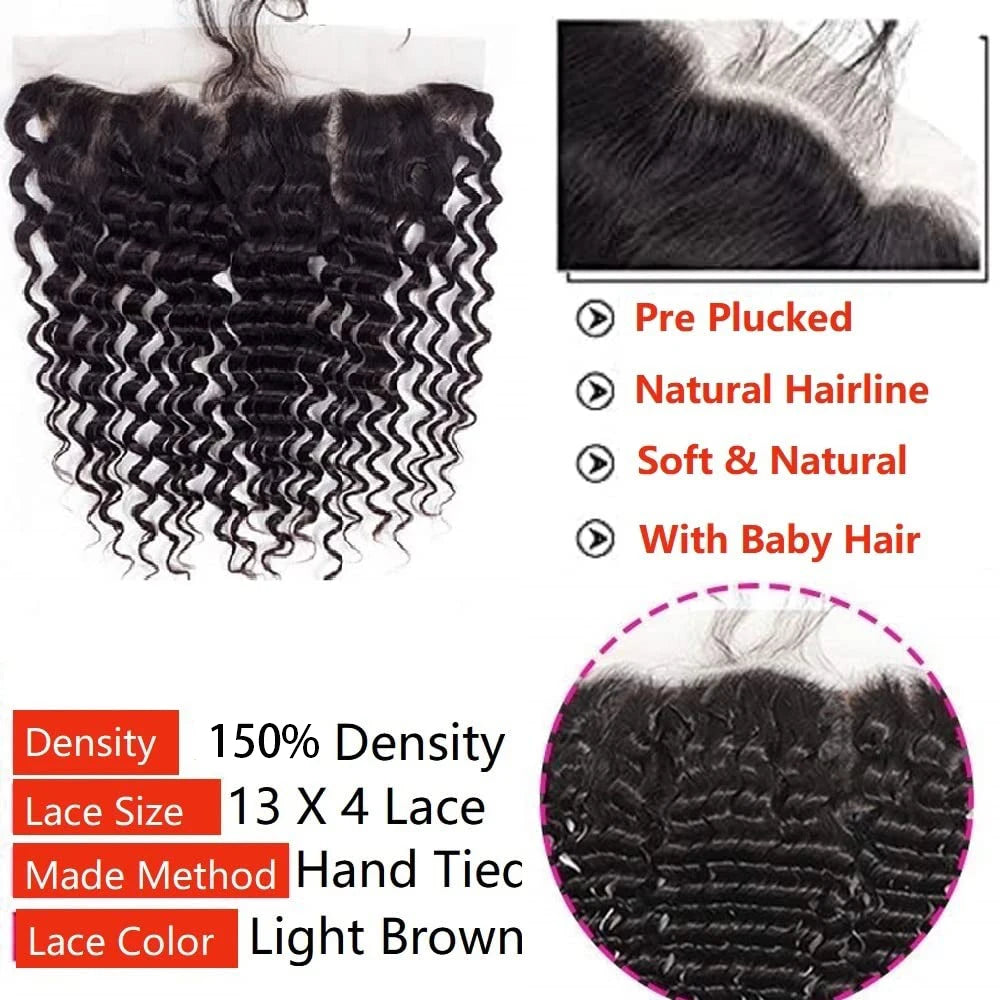 Hair Extensions and Wigs
Deep Wave 3 Bundles with Closure Human Hair 100% Brazilian Virgin Remy Hair 13x4 Deep Curly Lace Closure with Baby Hair Natural