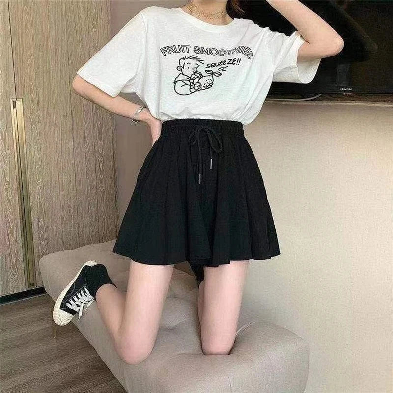 Shorts Summer Shorts Skirts Women Elastic High Waist Casual Wide Leg Shorts Korean A Line Loose Mini Skirt Black Short Pants