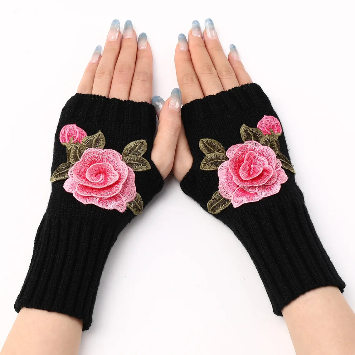 High Quality New Autumn Winter Women's Short Fashion Embroidered Flower Gloves Knitted Wool Sleeves Warm Mittens Fingerless Gloves Women