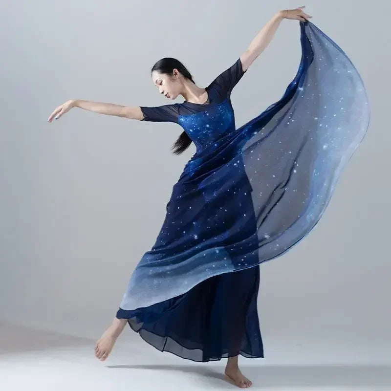 dancers  
Starry Blue Gradient Chiffon Dance Set Women's Large Skirt Modern Dance Classical Dance Ballet Performance Dress