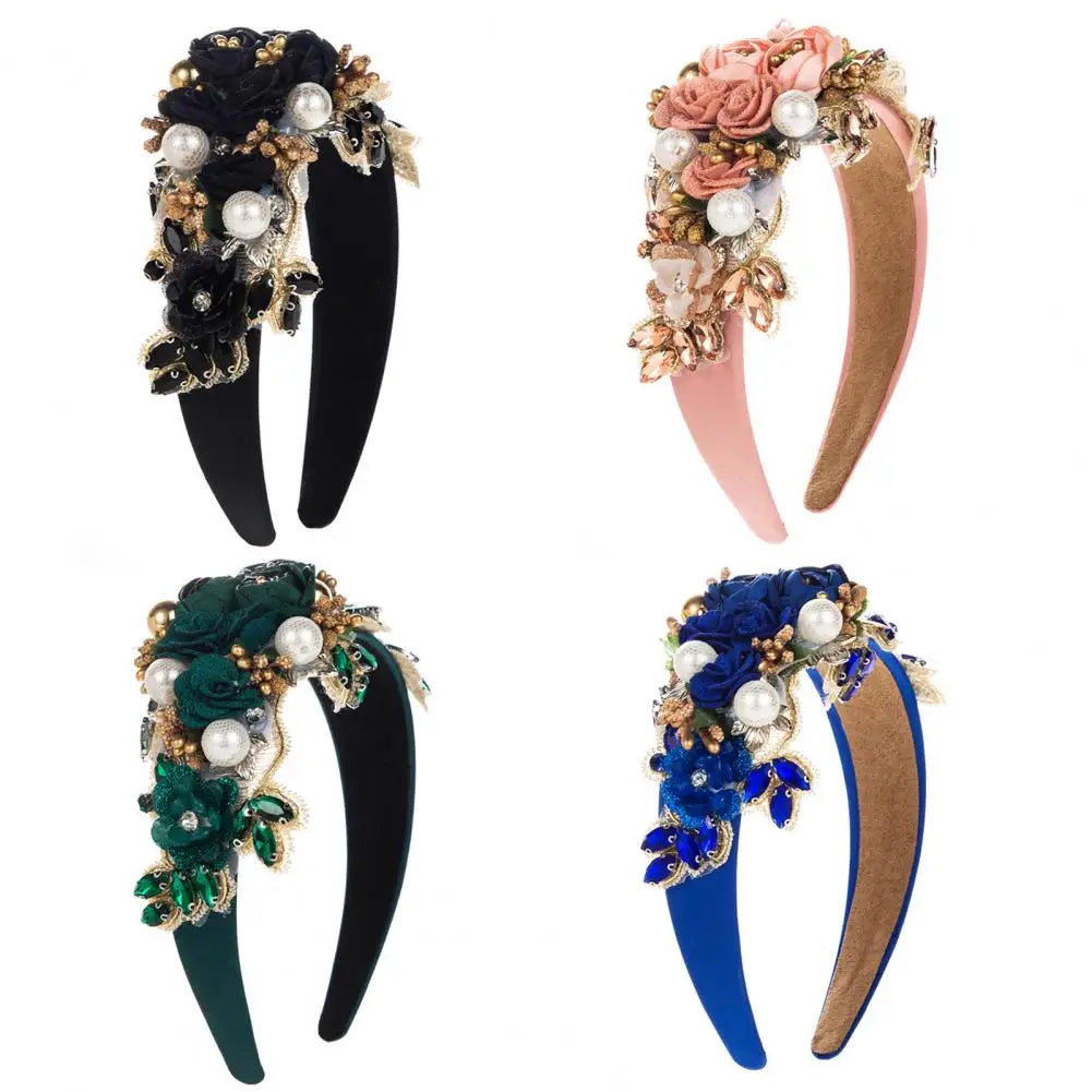 Elegant Look Vintage Headband Wide Vintage Luxury Women's Hair Hoop with Fake Flower Faux Pearl Shiny Rhinestone Decor Colorful Anti-slip