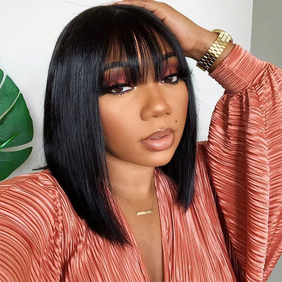 Hair Extensions and Wigs
Straight Bob Wig With Bangs Natural Short Straight Wigs For Black Women Machine Made Brazilian Virgin Hair Bangs Wigs For Women