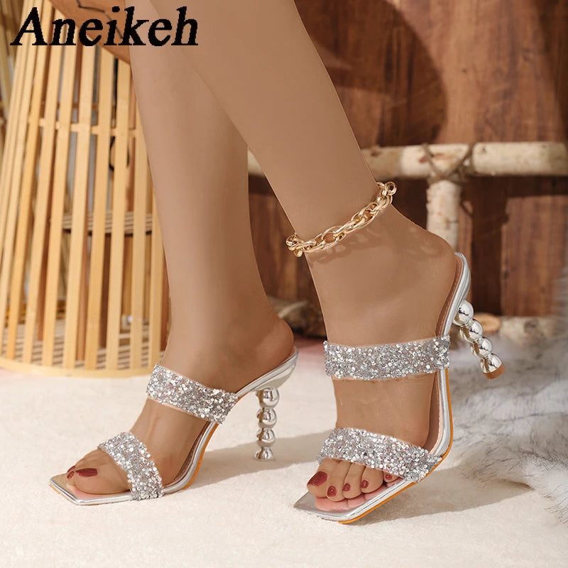 WOMEN SANDALS Sexy Silver Sequin rhinestone PVC Slippers For Women Square Toe Strange High Heels Sandals Summer Fashion Party Shoes