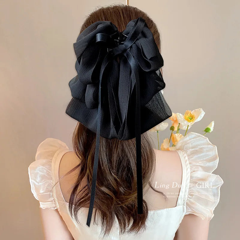 Elegant Look New Bow Floating Ribbon Grip Clip Girls Elegant Ponytail Braid Claw Clip Retro Luxury Female Hair Card Hair Accessories