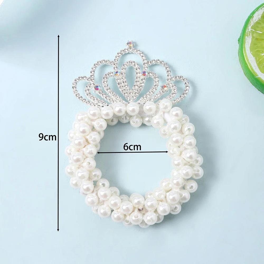 Elegant Look Rhinestone Crown Pearl Scrunchie Hair Tie Cute Bun Hair Rope for Girls High-End Light Luxury Princess Hair Accessories