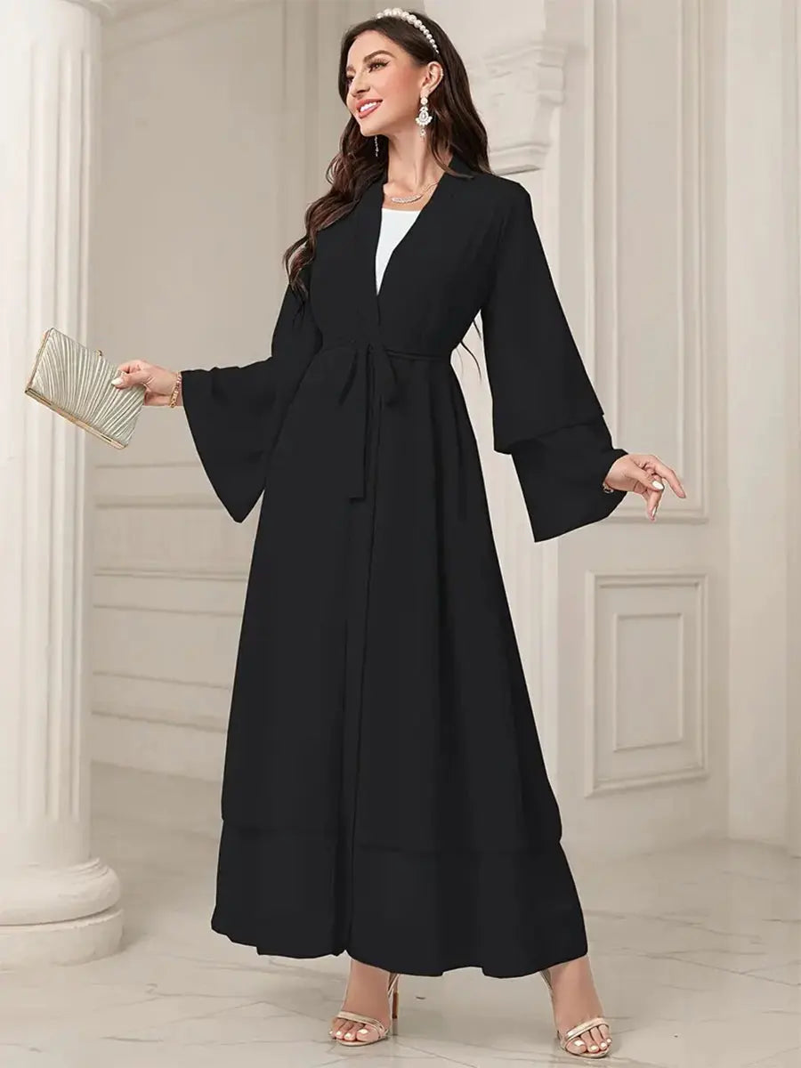 Fashion Muslim Solid Open Abayas With Belt Double Layer Chiffon Women's Robe Moroccan Dubai Saudi Elegant Loose Kebaya Dresses