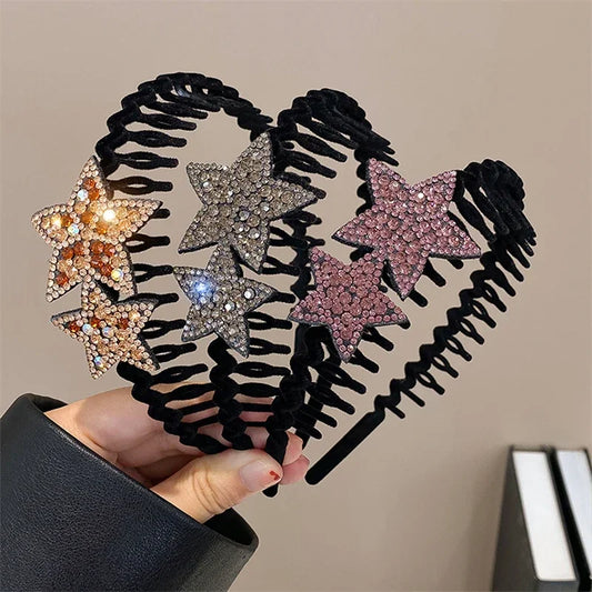 Elegant Look Rhinestone Double-star Hair Hoops Bands Flocking Face Wash Hair Bands for Women Teeth Comb Headband Luxury Hair Hoop Accessories