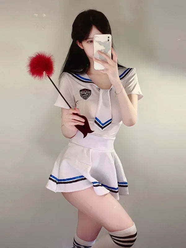 Exotic 
New Style Summer Fun Sailor Sexy Hot Uniform Pleated Thin Skirt Set Sheer JK Style Elastic Waist Tie Sweet Cute Slim Soft HA1F