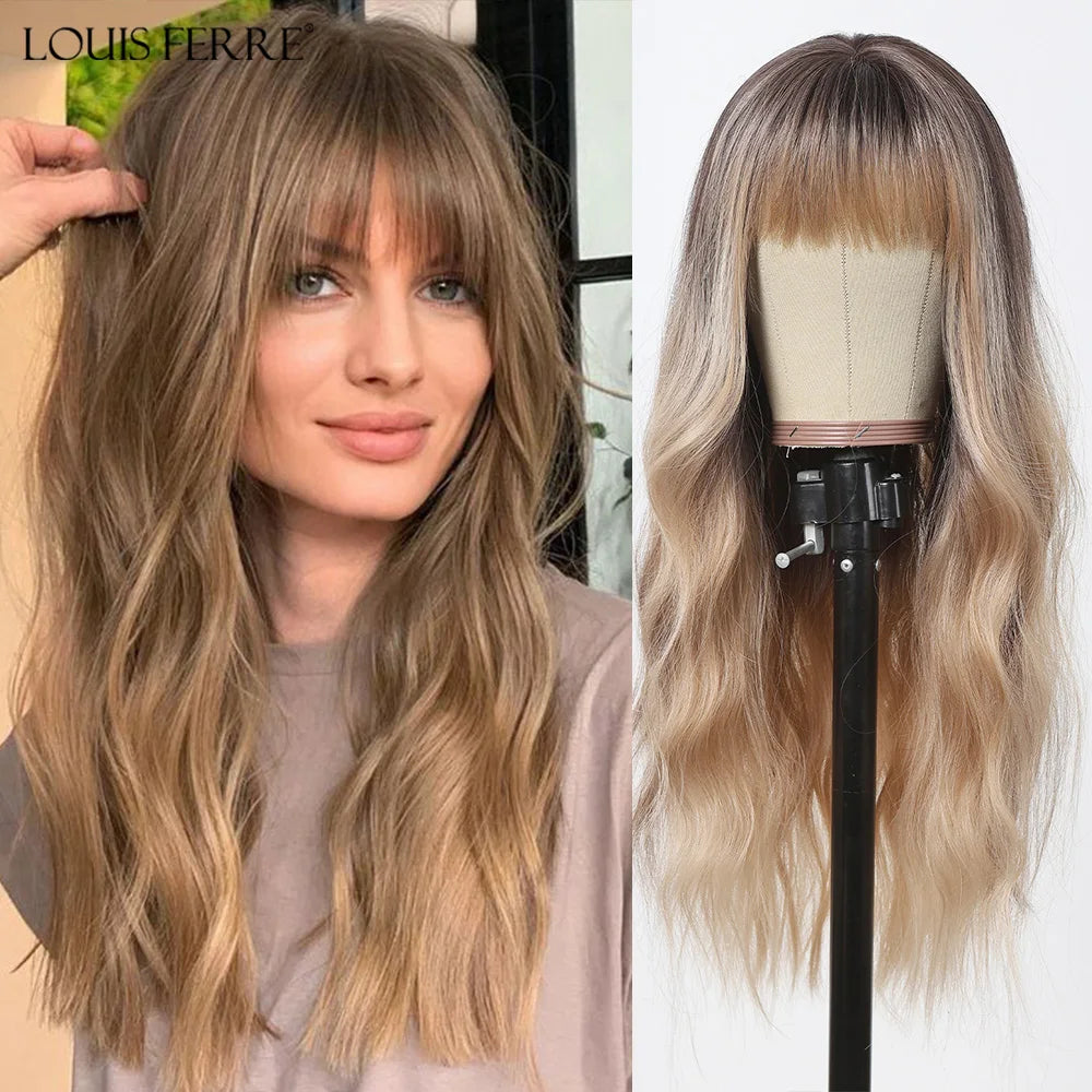 Hair Extensions and Wigs
LOUIS FERRE Ombre Brown Blonde Synthetic Wigs for Women Long Natural Wavy Hair Wigs With Bangs Daily Party Heat Resistant Fibre