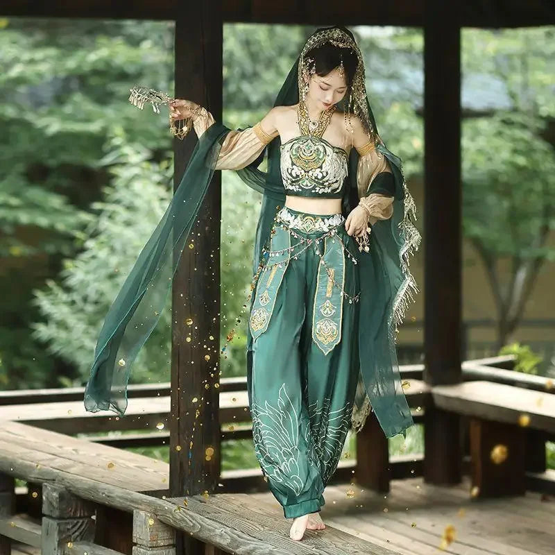 Exotic 
Chinese Style Girl Dunhuang Exotic Hanfu Top Pants Set Exquisite Embroidered Tassel Decorative Dance Performance Costume