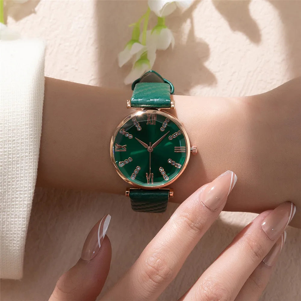 Women Watch Luxury Ladies Brand Diamond Roman Design Lady Watches Dress Quartz Watch Fashion Green Leather Strap Women Wristwatches