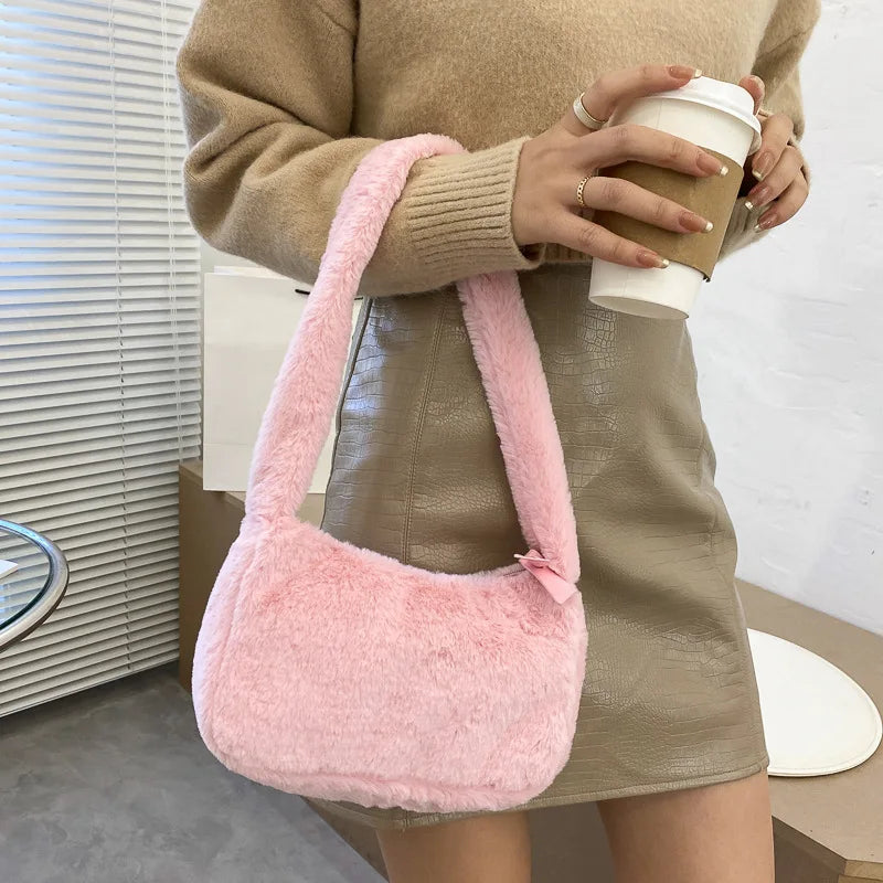 Handbags Simple Design Women Soft Plush Hobos Shoulder Bags Winter Furry Ladies Clutch Purse Handbag Fashion Female Underarm Bag