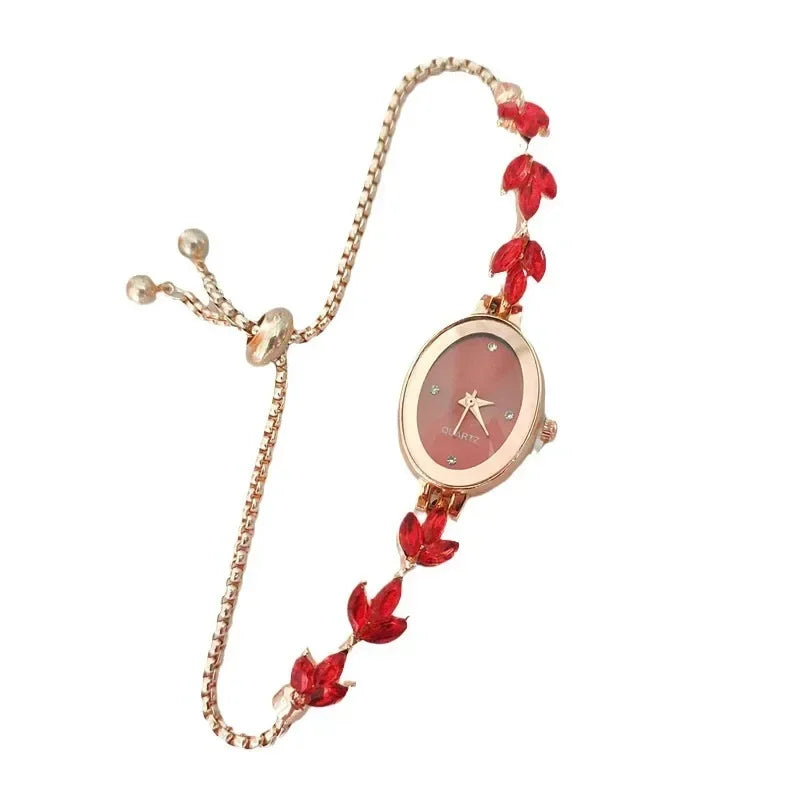 Women Watch New Elegant Watch for Women Rhinestone Inlaid for Clover Lady Watches Oval Fashion Quartz Wristwatch Bracelet Clocks Reloj Mujer