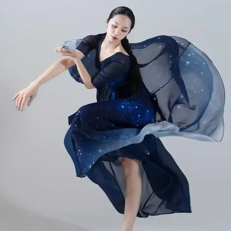 dancers  
Starry Blue Gradient Chiffon Dance Set Women's Large Skirt Modern Dance Classical Dance Ballet Performance Dress