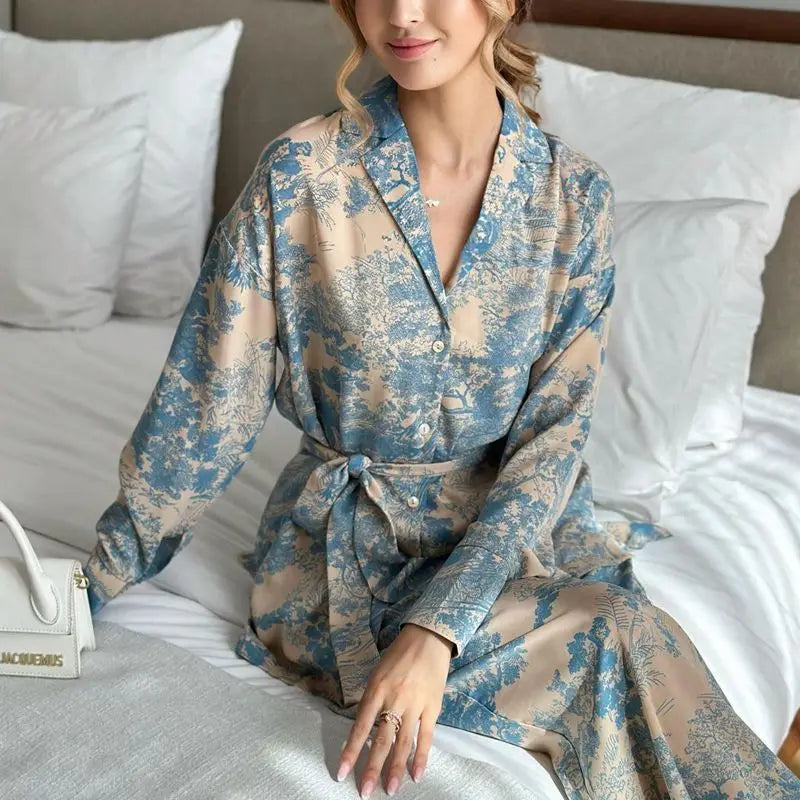 Winter Warm Sleepwear 
Hot Selling New Fashionable Sleepwear French Printed Long Sleeved Blue Graffiti Two-Piece Pajamas High Waisted Women's Pajamas