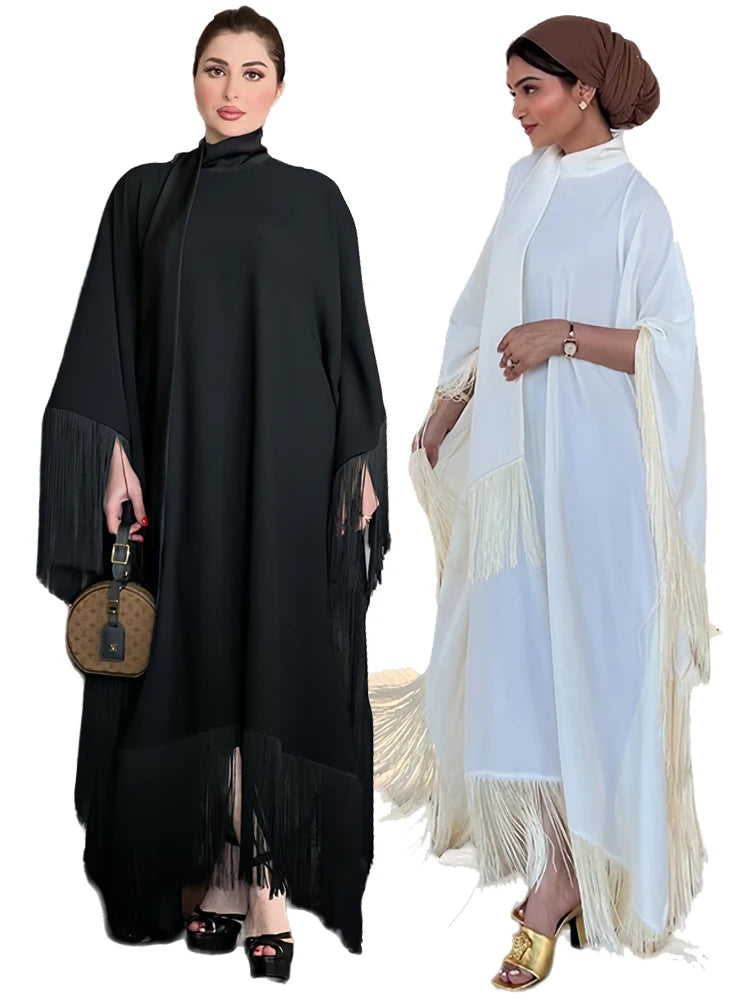 Eid Satin Luxury Green White Black Pink Khimar Tassel Butterfly Batwing Abaya For Women Islam Muslim Maxi Dress Kaftan Kebaya