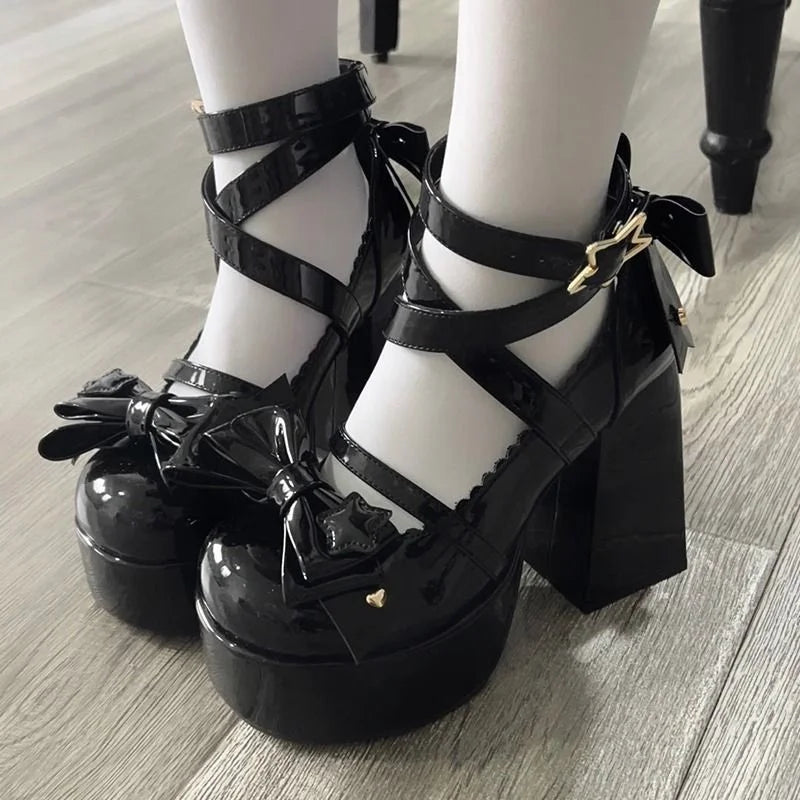 WOMEN SANDALS Lolita Shoes Women Mary Janes High Heels Shoes Chunky Sandals Summer Fashion Retro Bow Party Platform Pumps