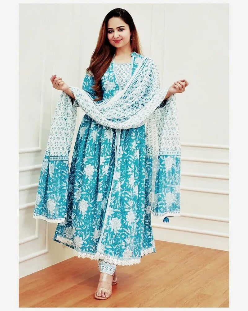 India and Pakistan Clothing 
Indian Party Clothing Cotton Anarkali Printed Salwar Kameez Kurti Pants and Dupatta Set