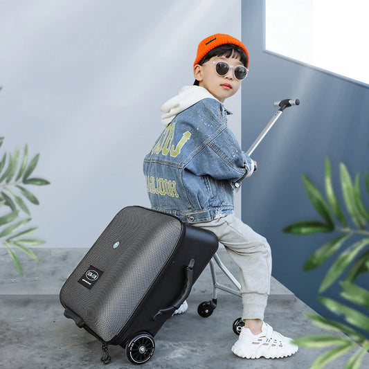 Travel Bag New design lazy baby sit on scooter luggage kids carry on travel suitcase bag boarding skateboard creative trolley case