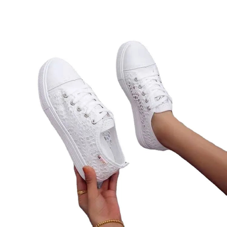 canvas shoes  Fashion Summer Casual White Shoes Cutouts Lace Canvas Hollow Breathable Platform Flat Shoes Woman Sneakers