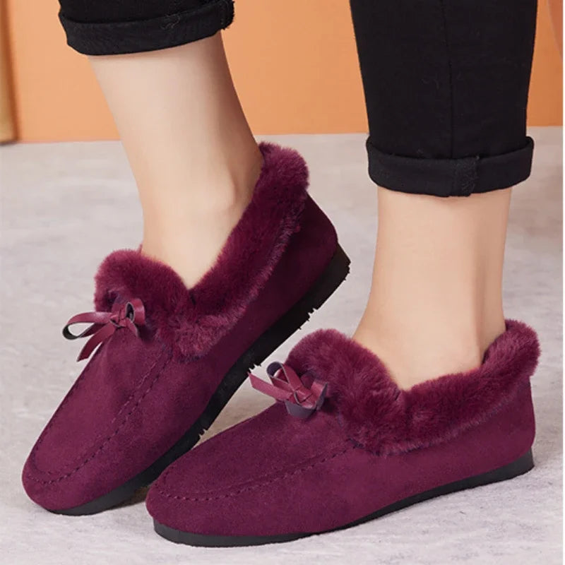 loafers Shoes Women Winter Casual Shoes New Moccasins Soft Flat Non-slip Loafers Fashion Comfort Warm Plush Bow Slip on Female Cotton Shoes