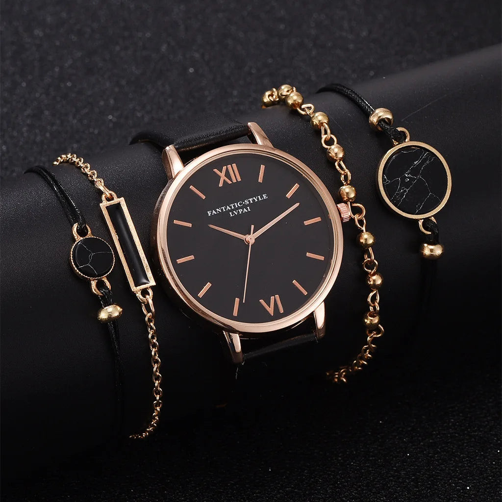 Women Watch Luxury Band 5pcs Set Top Style Fashion Women's Leather Analog Quartz WristWatch Women Dress Reloj Mujer Ladies Watch Black Clock