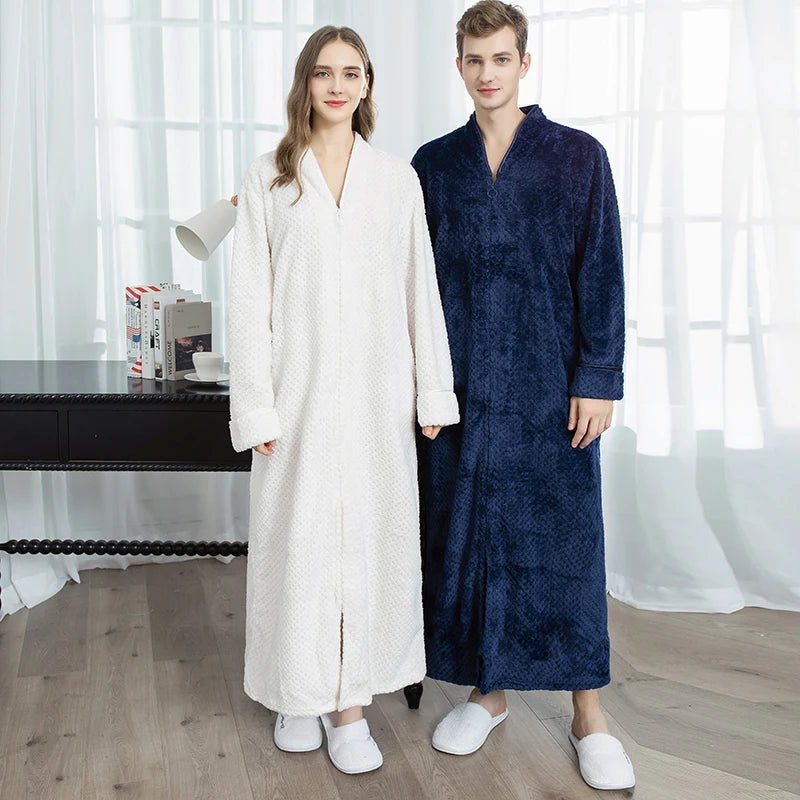 Winter Warm Sleepwear 
Women Extra Long Thermal Jacquard Flannel Bathrobe Winter Warm Plus Size Zipper Bath Robe Pregnant Dressing Gown Men Sleepwear