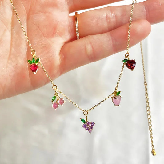 Necklaces Women New Ins Cute Fruit Zircon Necklace Vintage Colorful Gold-plated Multi Fruit Cherry Necklaces For Women Girl Fashion Jewelry Gift