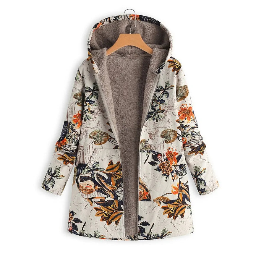 Plus Size Women Overcoat Printed Hooded Long Sleeve Coat Oversized Vintage Parkas New Autumn Winter Warm Padded Jacket  2023