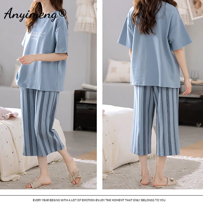 Pajama Sets 
Summer Women Plus Size Pajamas M-5XL Knee-length Casual Woman Sleepwear Big Size Ladies Elegant Floral Printing Pyjama Home Suit