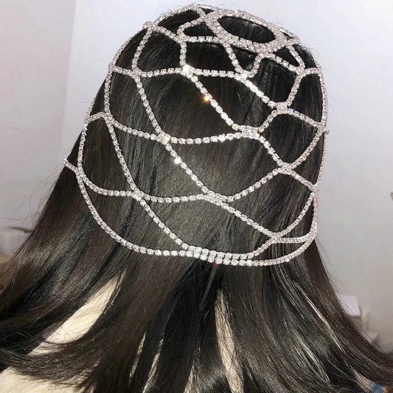 Elegant Look Hollow Out Rhinestone Mesh Headpiece Wedding Head Chain Jewelry for Women Luxury Crystal Headband Head Cap Hat Hair Accessories