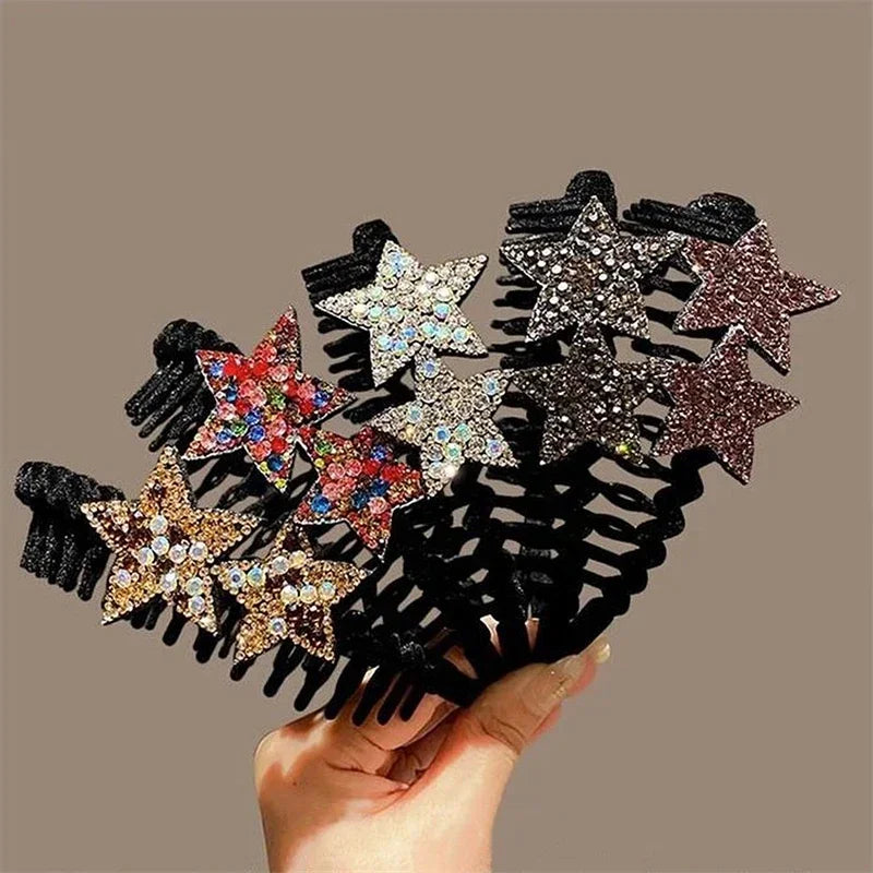 Elegant Look Rhinestone Double-star Hair Hoops Bands Flocking Face Wash Hair Bands for Women Teeth Comb Headband Luxury Hair Hoop Accessories