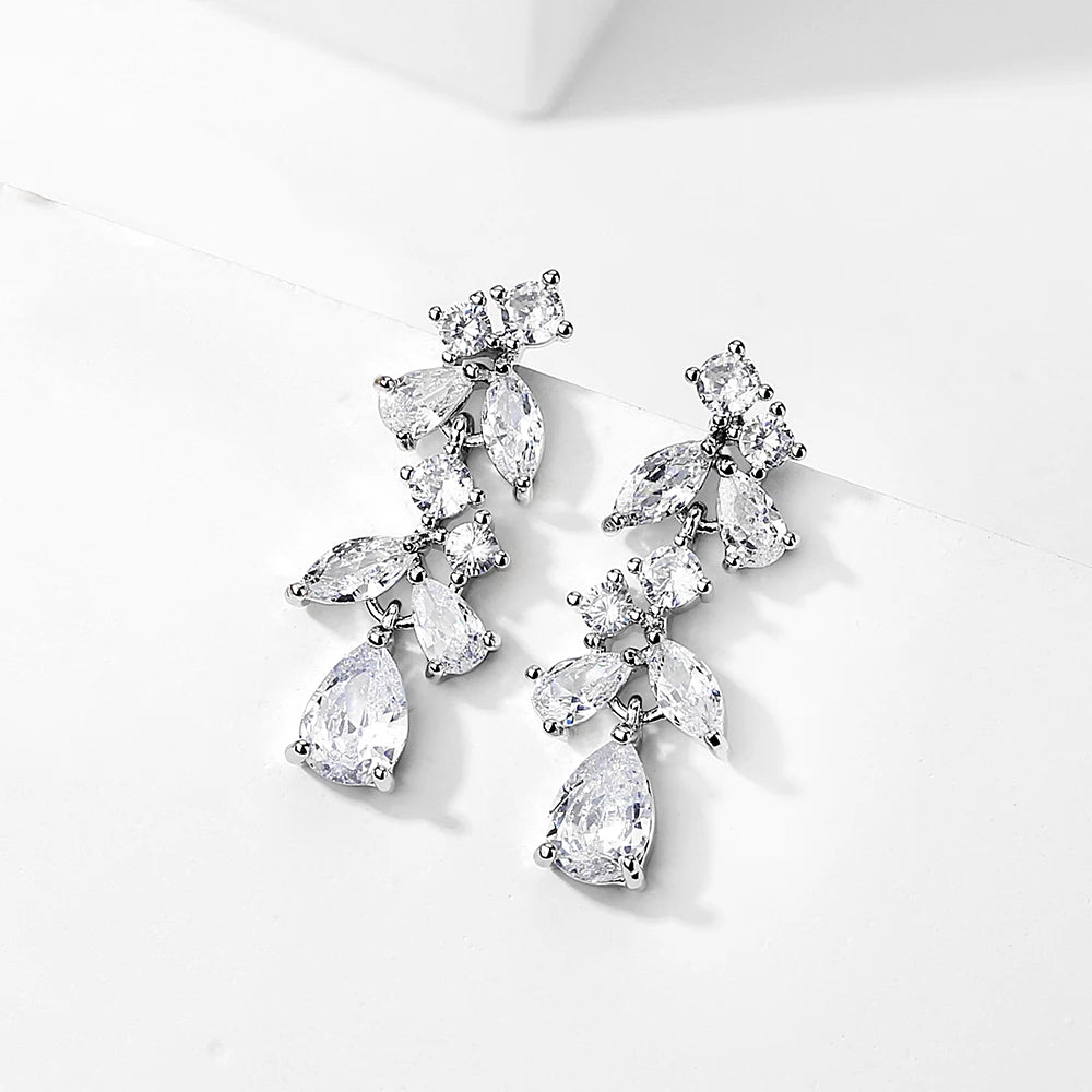 Earring  ZAKOL Luxury Leaf Shaped White Zirconia Dangle Earrings For Women Fashion Long Pendant Drop Earring Wedding Bridal Jewelry