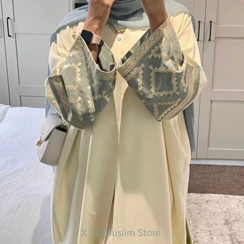 Eid Muslim Party Ramadan Dress Opened Embroidery Abaya Simple Cotton Linen Kaftan Kebaya Long Loose Robe Dubai 2024 Luxury