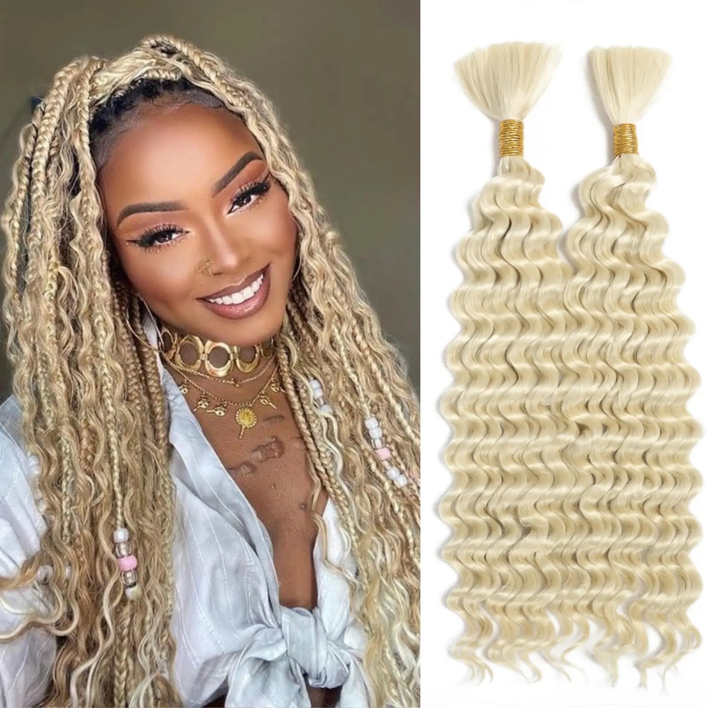 Hair Extensions and Wigs
613 Blonde Human Braiding Hair For Boho Braids Deep Wave Crochet Human Hair Braiding Hair Knotless Micro Bohemian Braiding Human