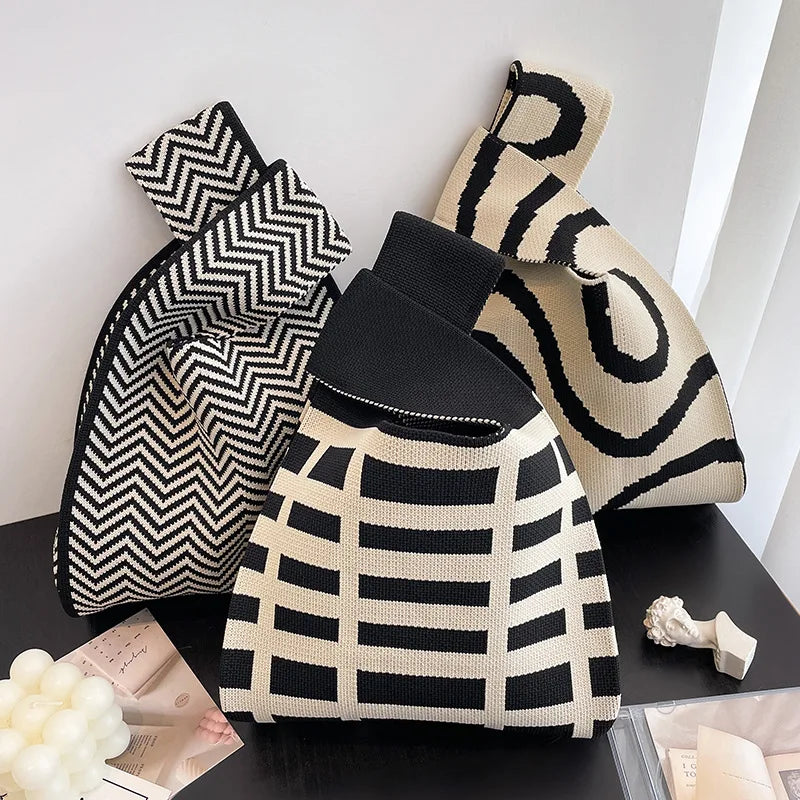 Handbags Women'S Knot Wrist Bag Handmade Knitted Bag Portable Mini Striped Tote Bucket Phone Bags Large Capacity Autumn Winter Handbags