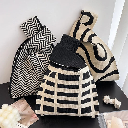 Handbags Women'S Knot Wrist Bag Handmade Knitted Bag Portable Mini Striped Tote Bucket Phone Bags Large Capacity Autumn Winter Handbags