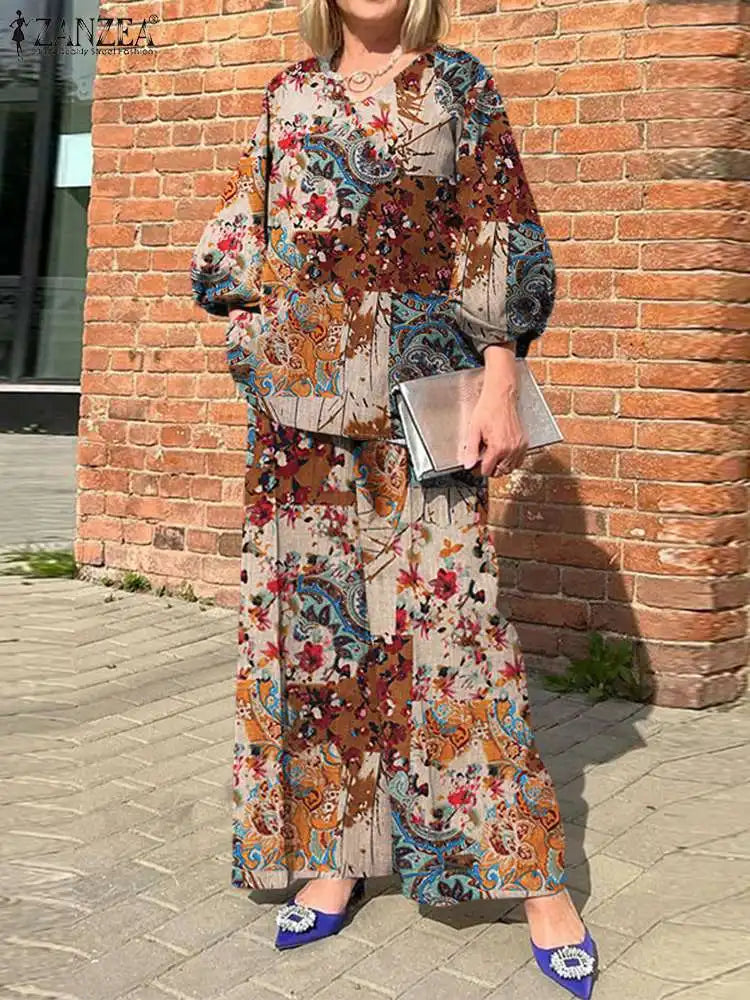 Plus Size ZANZEA Bohemian Matching Sets Casual Printed 2pcs Suits 2023 Women 3/4 Sleeve Tops Tracksuit Autumn Wide Leg Pant Sets