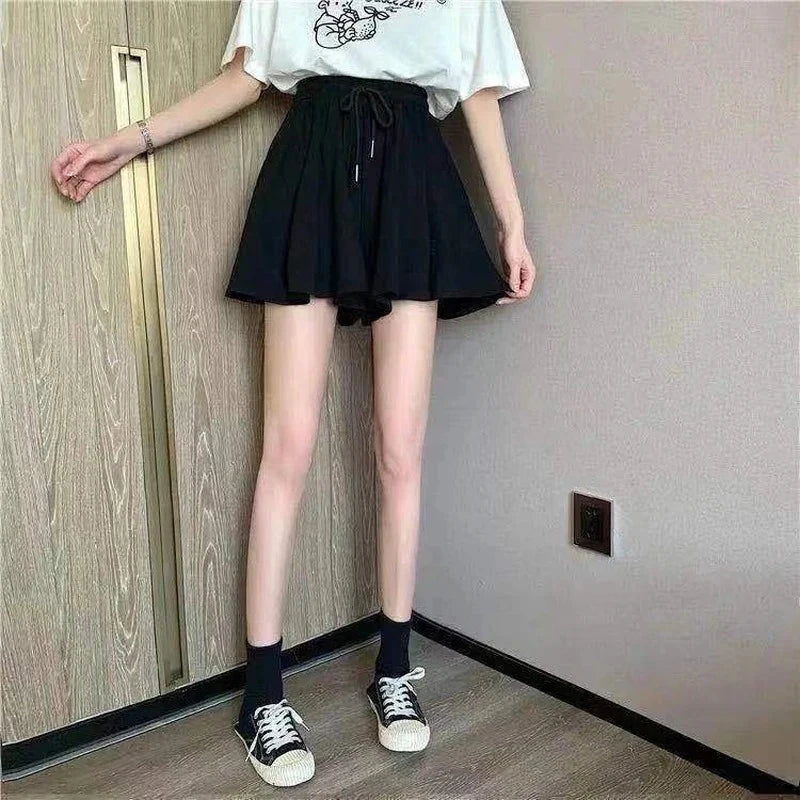 Shorts Summer Shorts Skirts Women Elastic High Waist Casual Wide Leg Shorts Korean A Line Loose Mini Skirt Black Short Pants