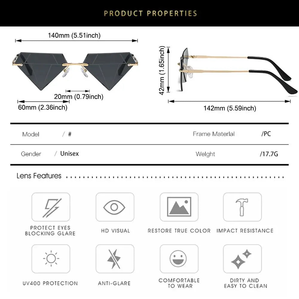 Women's Sunglasses Fashion Rimless Diamond Shape Sunglasses Women Cat Eye Triangle Sun Glasses Female Party Funny Outdoors Eyewear Gafas De Sol