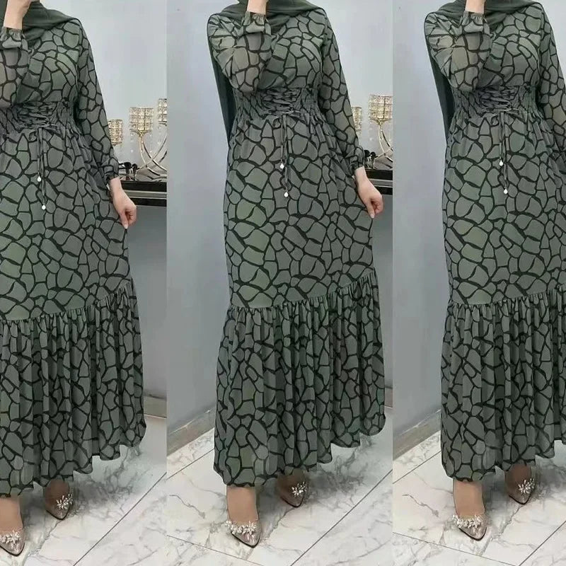 Islam Muslim Long Sleeve Abayas for Women Maxi Dress Printed Slim-fit Dress for Women Abaya Kebaya Kaftan Robe Musulmane Femme