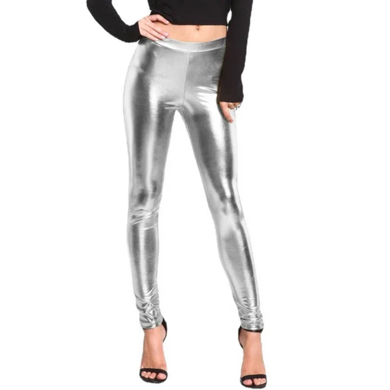 Exotic 
PU Faux Leather Leggings for Women Glitter Bright Metallic Gold Silver Trousers Sexy Shining Punk Pencil Pants