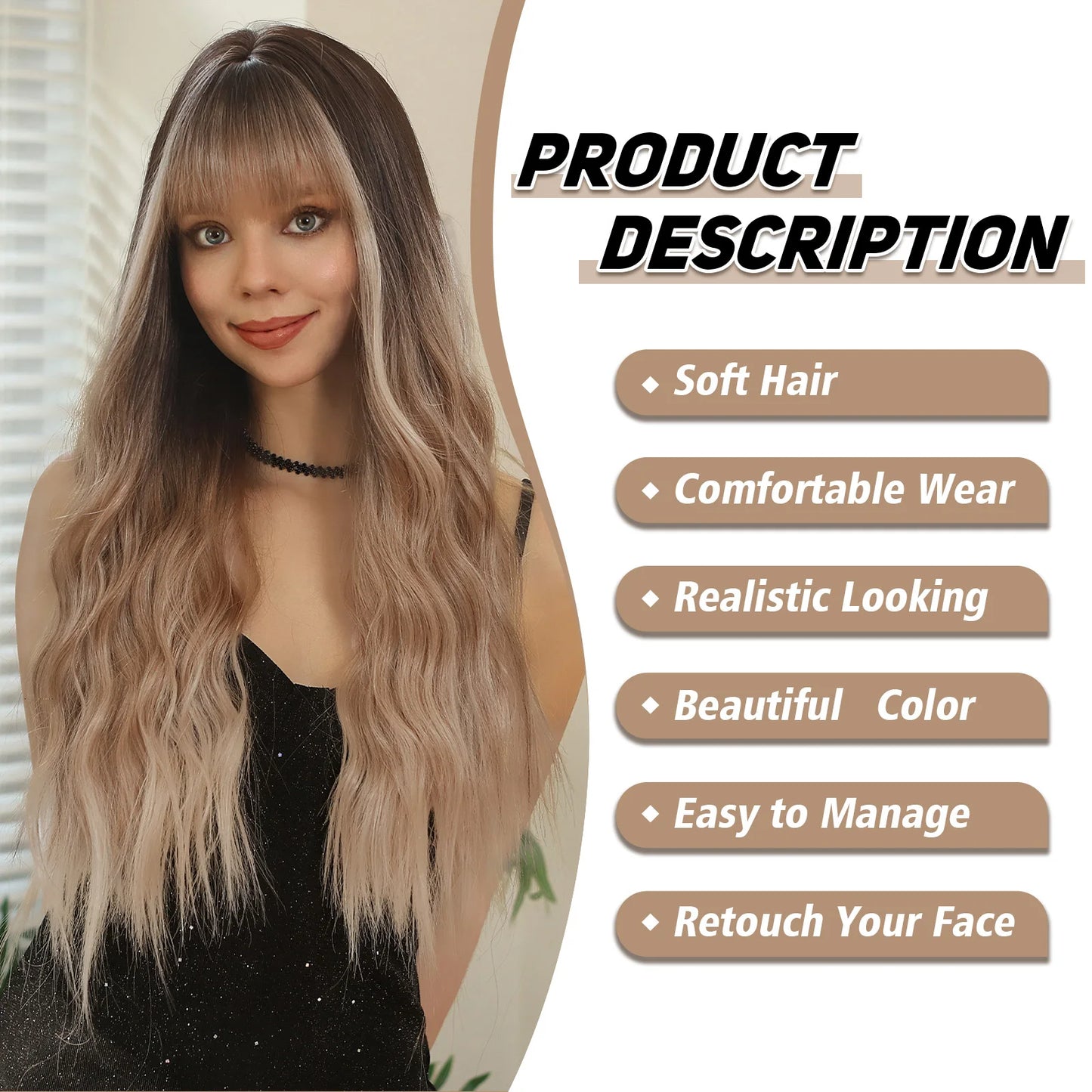 Hair Extensions and Wigs
LOUIS FERRE Ombre Brown Blonde Synthetic Wigs for Women Long Natural Wavy Hair Wigs With Bangs Daily Party Heat Resistant Fibre