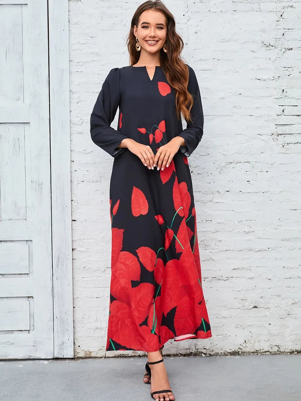 Plus Size Women Dress Autumn Winter Floral Printed Maxi Dresses Casual V Neck Full Sleeve Boho Beach Party Long Dress