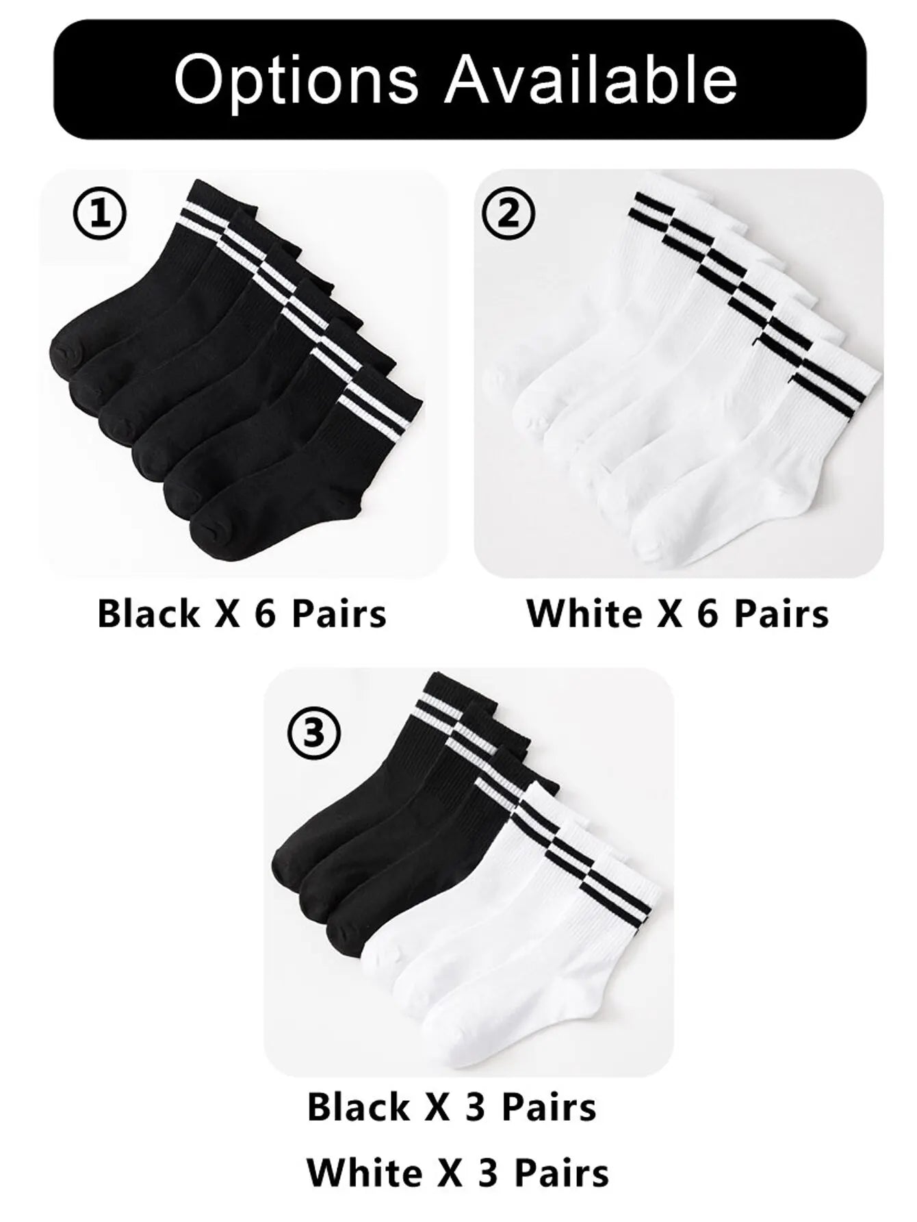 Stockings 
6 Pairs Women's High Tube Mid Length Stockings Set in Pure Black And White With Parallel Bars Popular and Sweat Absorption